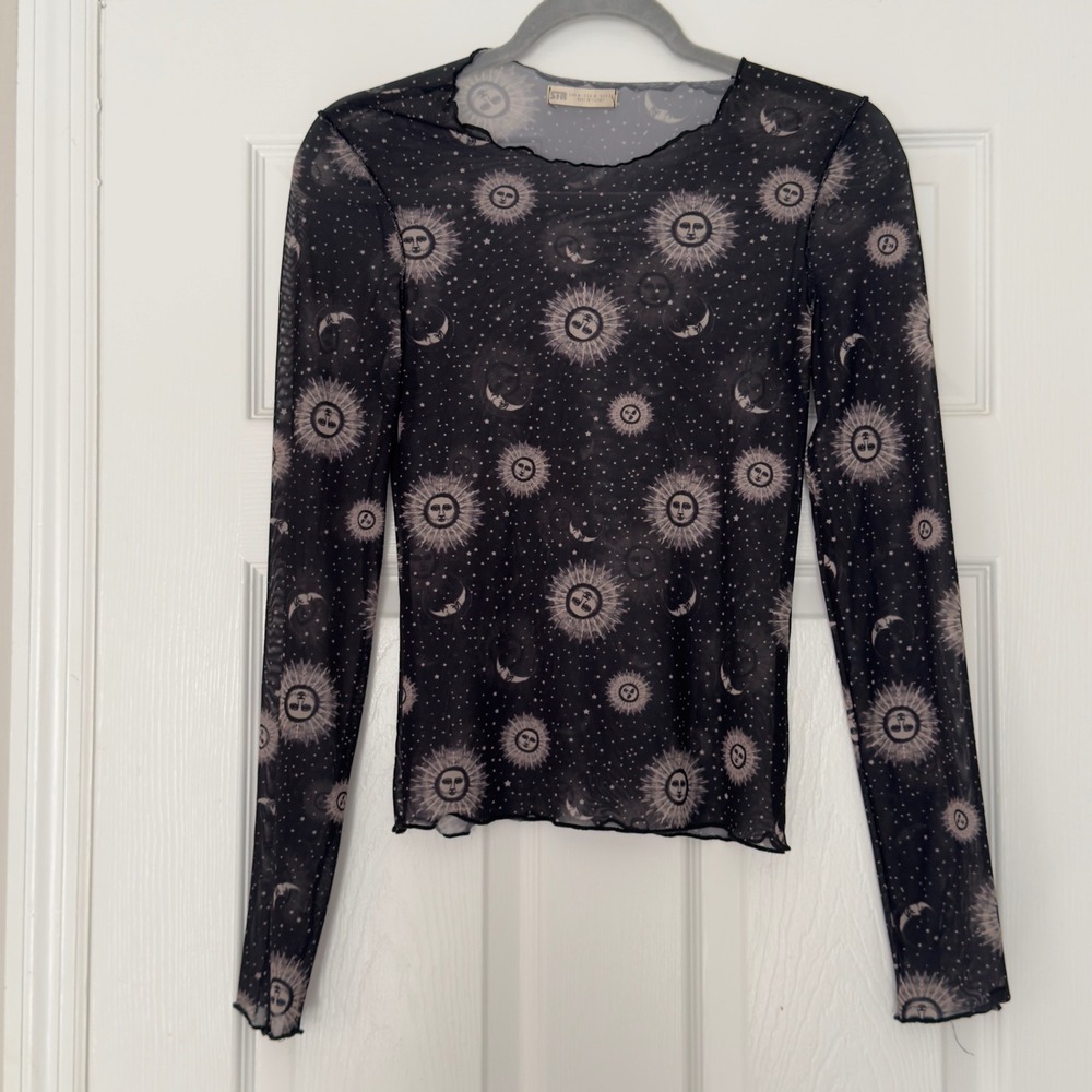 STR Y2K Celestial Sun Moon Stars Sheer Mesh Long Sleeve Top Whimsigoth Medium